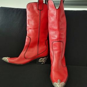 Red leather women's cowboy boots with silver and crystal heels and toes